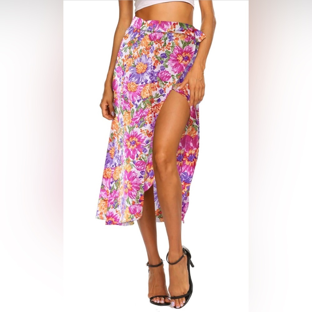 🆕 Boho Leopard Skirt High Low Split Summer Beach Midi Wrap Skirt